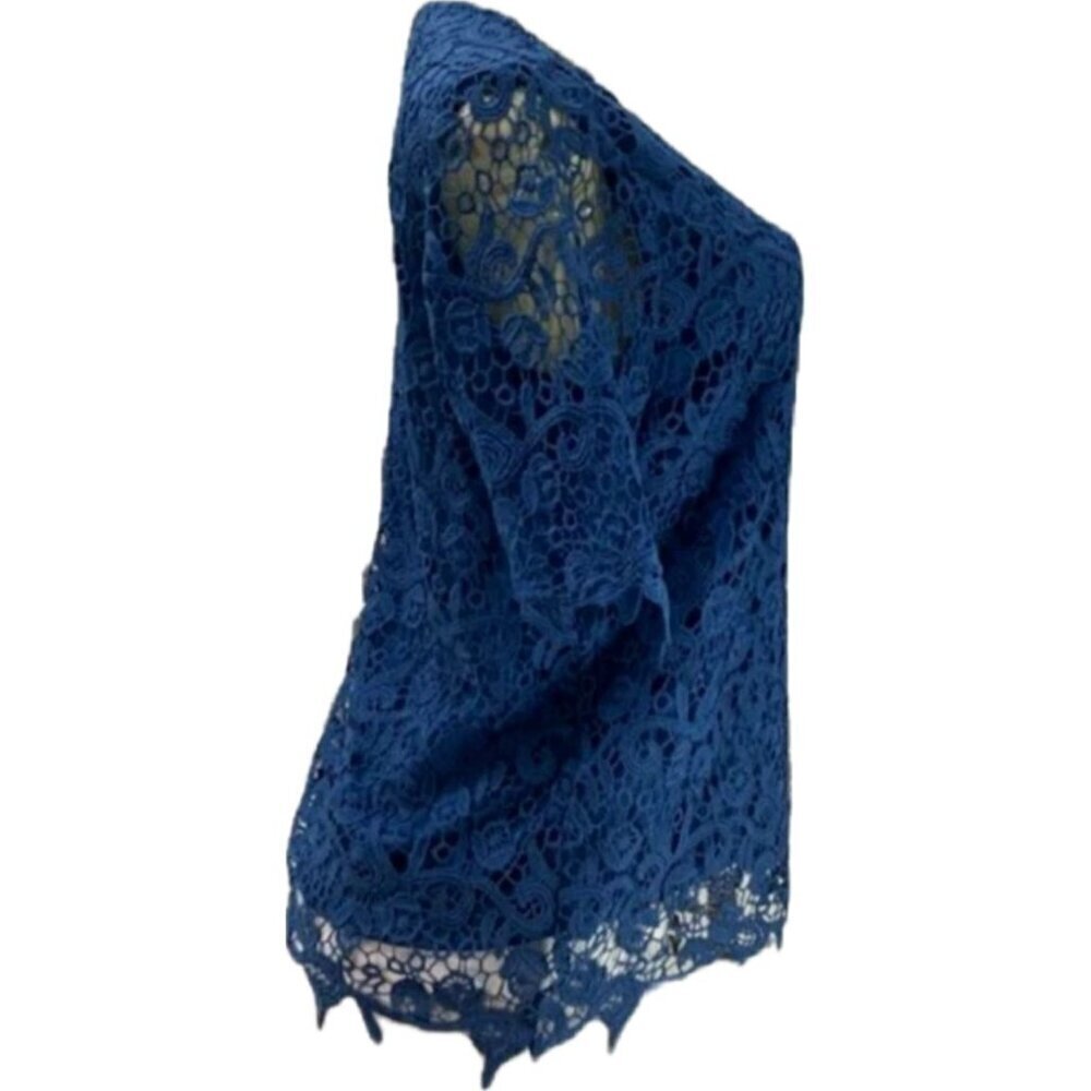 Philosophy S Blue Lace Crew Neckline Scallop Trim Lined Sheer Half Sleeve Blouse - Picture 3 of 6